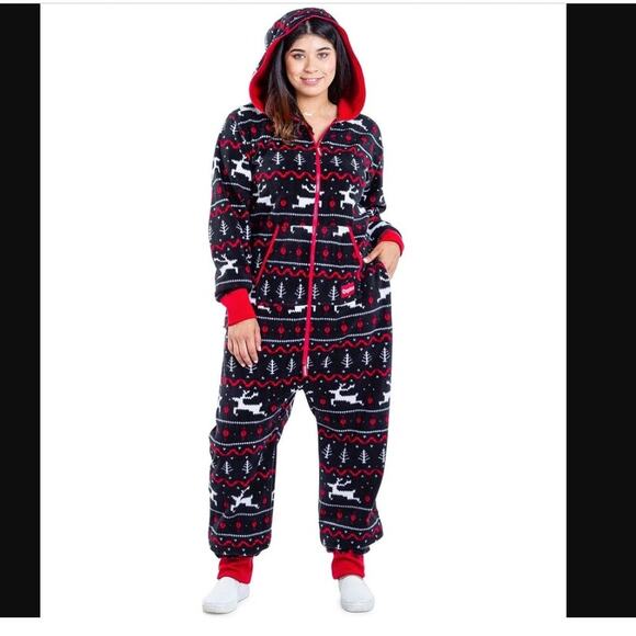 Tipsyelves Unisex Hooded Jumpsuit with Pockets Reindeer Fair Isle Full Zip XL - Picture 2 of 12